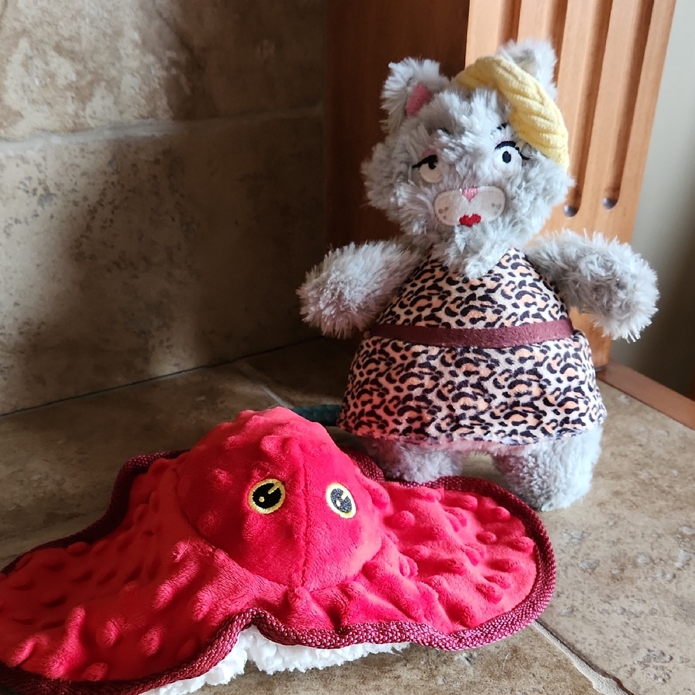 BARK Gray Cat Doll in Leopard Dress and Sting Ray Dog Toys